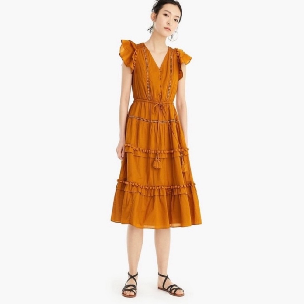 Beautiful J Crew Point Sur Caramel Cotton Voile Pom Pom Midi Dress size 14